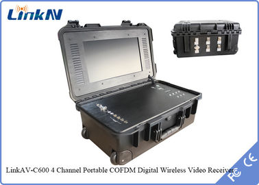 Bộ thu video 4 kênh COFDM trên vali IP65 với pin và màn hình Mã hóa AES256 Độ nhạy cao 106dBm @ 2MHz
